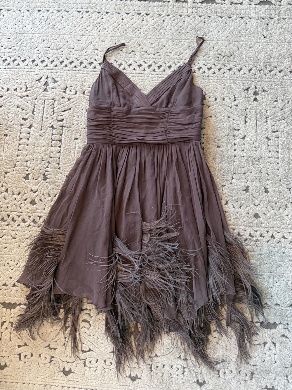 Spaghetti Strap Feather-Hem Party Dress in Brown